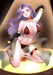 1girls alternate_costume anklet belly_dancer belly_dancer_outfit breasts dancer earrings fingerless_gloves fire_emblem fire_emblem_echoes:_shadows_of_valentia harem_girl harem_outfit kneeling large_breasts long_hair nintendo purple_eyes purple_hair see-through solo sonya_(fire_emblem) suisai suisaixx voluptuous