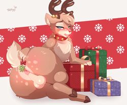 2021 anthro antlers anus ass backsack balls bell big_anus big_butt blue_eyes blush brown_body brown_fur capreoline cervid christmas collar collar_only fur genitals gift girly heart-shaped_butt hi_res holidays hooves horn inviting looking_back lying male mammal mistletoe narrowed_eyes nude on_side pink_anus plant presenting presenting_anus presenting_balls presenting_hindquarters red_nose reindeer rudolph_the_red_nosed_reindeer simple_background solo taffyy tongue tongue_out white_body white_fur