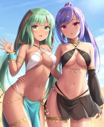 2girls belly_dancer belly_dancer_outfit blush bocas_top bracelet dancer dancer_outfit green_eyes green_hair harem harem_girl harem_outfit jewelry large_breasts loincloth long_hair looking_at_viewer narrow_shoulders necklace original original_characters purple_eyes purple_hair sasaame thong