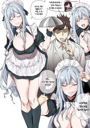 1boy absurdres ak-12_(girls'_frontline) arm_grab bangs banssee black_legwear blush breasts cleavage closed_eyes dress eating female fork girls'_frontline grin highres holding holding_fork kneehighs korean_text large_breasts long_hair long_sleeves maid maid_headdress nipples open_mouth puffy_short_sleeves puffy_sleeves short_sleeves silver_hair simple_background smile speech_bubble tongue wa2000_(girls'_frontline) white_background wrist_cuffs