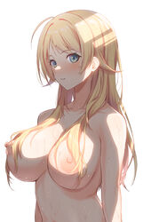 ahoge arms_at_sides bangs blonde_hair blue_eyes breasts female female hachimiya_meguru highres idolmaster idolmaster_shiny_colors kurokura_eri large_breasts long_hair nipples nude parted_lips sidelocks swept_bangs wet white_background