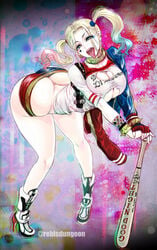 1girls alternate_version_available ass ass_cleavage baseball_bat batman_(series) big_ass boots breasts butt_crack cleavage dc dc_comics favorite female female_only harley_quinn high_heel_boots huge_ass looking_at_viewer open_mouth rebis solo spikes suicide_squad thick_thighs thighs tongue tongue_out