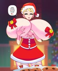 blonde_hair breast_hold breast_lift christmas gigantic_breasts hexamous holly_hills_(hexamous) huge_breasts hyper_breasts lactation milf santa_costume short_hair thighhighs veiny_breasts