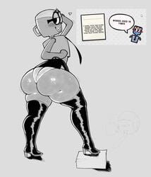 ass black_tie blush glasses greyscale high_heel_boots jackbox_games job_job krekk0v large_ass looking_back m._bubbles marqslewds monochrome nonbinary_(lore) panties paper reference_image simple_background sweat tagme the_jackbox_party_pack_8 thigh_boots tongue_out water_cooler