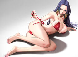 1girls armpits bare_shoulders barefoot big_breasts bikini black_hair blue_eyes boa_hancock breasts cleavage clothing collarbone earrings eyelashes female female_focus female_only gradient_background grey_background highres human jewelry large_breasts laying_on_side lips lipstick long_hair makeup micro_bikini moruga9 navel one_piece pink_lipstick pinup revealing_clothes shiny_skin side-tie_bikini sideboob simple_background skimpy smile solo solo_female swimsuit underboob voluptuous white_background