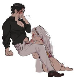 1boy 1girls artix0_(artist) bbeetleko big_ass blush covering_mouth daki_(kimetsu_no_yaiba) demon_slayer edit erection eyeshadow fellatio female hair_ornament holding_penis kimetsu_no_yaiba kiss_mark lipstick_mark lipstick_on_penis long_hair male muzan_kibutsuji nail_polish obi open_pants oral penis penis_in_mouth red_lipstick red_nails sharp_fingernails sitting uncensored white_hair