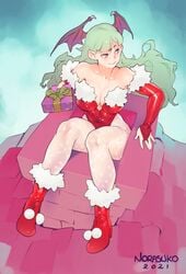 1girls absurd_res armwear capcom christmas christmas_outfit clothing darkstalkers female female_only gift_box green_eyes green_hair head_wings heel_boots holidays leotard long_hair looking_away medium_breasts morrigan_aensland norasuko pantyhose solo solo_female stuck_in_chimney succubus white_pantyhose