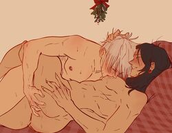 2boys anal_fingering ass ass_grab black_hair completely_nude cry_ptidd fingering fingering_ass fingering_partner fingers_in_ass gay hand_on_ass hand_on_head head_grab jujutsu_kaisen lying_on_side male male/male male_focus male_only mistletoe naked nipple_suck nude nude_male on_side satoru_gojo sucking_nipples suguru_geto white_hair yaoi