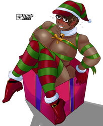 areolae areolae_visible_through_clothing big_ass big_breasts big_butt big_hips big_thighs blush blushing christmas christmas_clothing christmas_outfit cleavage colored dark-skinned_female dark_skin elena_vazquez elf_ears estella_comics female female_focus female_only glasses hourglass_figure huge_ass huge_breasts huge_butt huge_hips huge_thighs large_ass large_breasts large_butt latina mannyestella mrestella oc original original_character pointy_ears ribbon ribboned_body stockings wide_hips