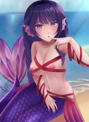 1girls areola areolae artist_name bangs beach belly blush braid braided_hair breasts completely_nude eyebrows_visible_through_hair eyelashes female female_only finger_to_mouth fins genshin_impact gift_wrapping gills highres large_breasts light-skinned_female long_hair looking_at_viewer mermaid mermaid_tail mole mole_under_eye monster_girl nail_polish naked naked_ribbon navel nipples nude nude_female ocean outdoors purple_eyes purple_hair purple_nail_polish purple_scales purple_tail raiden_shogun sand scales sitting sitting_on_bed tail tail_fin thighs water watermark wrappings zerorespect_bot