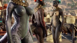 3d 3girls ass athletic_female blue_eyes carnal_instinct detailed_background horn horns lizard_girl lizard_humanoid lizard_tail pussy sand scales scalie scalie_humanoid tail tits tree trees video_games