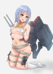 bangs belt blue_eyes blue_hair blunt_bangs commission covering covering_breasts female full_body gloves hatsukaze_(kantai_collection) hime_cut k_jie kantai_collection kneehighs looking_at_viewer machinery nude solo torpedo_launcher white_background white_gloves white_legwear