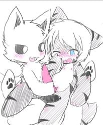 black_penis blue_eyes blush changed_(video_game) changed_fan_artist chano furry gay male_only nipples shark shark_(changed) squid_dog_(changed) tentacle tiger_shark_(changed) touching_penis white_background white_eyes white_fur white_hair