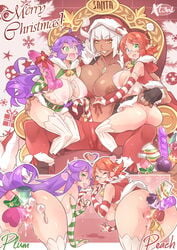 3girls all_fours areolae ass blue_eyes breasts christmas christmas_outfit cum dark-skinned_female dark_elf dark_skin dildo elf female female_only green_eyes heterochromia hi_res holidays light-skinned_female light_skin long_hair looking_at_viewer merry_christmas multiple_girls nipples orange_hair pointy_ears purple_hair pussy sex_toy sex_toy_in_ass sex_toy_in_pussy sitting_on_lap size_difference white_hair x-teal yellow_eyes