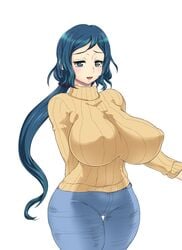 1girls alternate_version_available blue_eyes blue_hair clothing female gundam gundam_build_fighters huge_breasts iori_rinko jeans milf mother nipples_visible_through_clothing rebis solo solo_female sweater tagme