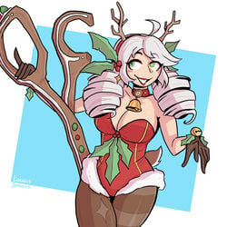 1girls antlers bell choker christmas christmas_outfit gwen_(league_of_legends) league_of_legends leotard loggus_doggus red_lipstick reindeer_antlers simple_background twindrills