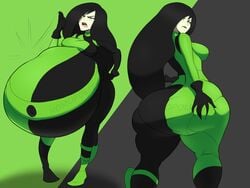 2girls ass ass_expansion belt big_ass big_belly big_breasts black_hair digestion disney disney_channel female_only gloves green_eyes green_skin hand_on_ass huge_ass kim_possible kimberly_ann_possible large_ass latex_suit long_hair looking_at_viewer looking_back nomopolitainia overweight overweight_female pale_skin post_vore self_grope shego stomach_bulge thick_thighs thigh_expansion tight_clothing vore vore_belly watermark weight_gain wide_hips