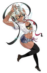 ass black_legwear breasts cleavage dark-skinned_female dark_skin electricity female glasses headphones horns midriff navel orange_eyes rebis school_uniform shoes short_hair skirt small_breasts smile solo sweat tagme thick_thighs thighhighs white_hair