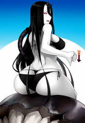 abyssal_ship ass ass_cleavage battleship_hime battleship_summer_hime bikini black_bikini black_hair breasts butt_crack colored_skin female hair_between_eyes highres horns kantai_collection large_breasts long_hair looking_at_viewer looking_back md5_mismatch no_sex oni_horns open_mouth photoshop_(medium) red_eyes shinkaisei-kan side-tie_bikini skin-covered_horns swimsuit thong thong_bikini thumbs_down uron-rei very_long_hair whale_tail white-skinned_female white_skin