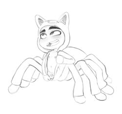 2021 anthro arachnid arthropod blush clothing costume dreamworks female flat_chested genitals greyscale hi_res monochrome ms._tarantula_(the_bad_guys) mygalomorph nipples open_mouth padoga pussy simple_background sketch solo spider tarantula the_bad_guys undressing unzipping white_background