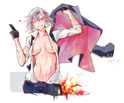 absurdres black_neckwear breasts cocoka explosion female girls'_frontline gloves half_gloves highres jacket jacket_removed long_hair medium_breasts navel open_clothes open_shirt purple_eyes shirt signature silver_hair sl8_(girls'_frontline) torn_clothes torn_shirt white_background white_shirt