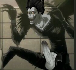 big_eyes big_penis black_body black_hair black_lips creepy_smile cute death death_note erection flying leather_clothing male male_only penis red_eyes ryuk shinigami testicles uncensored white_skin wings