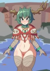 bandages broken_horn color green_hair horns no_panties outer_wilds pursuers_(outer_wilds) pussy the_prisoner_(outer_wilds) vadaboob