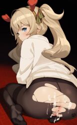 1girls anus ass barbara_(genshin_impact) barefoot big_ass black_legwear blonde_hair blue_eyes blush cum cum_on_ass cum_on_legwear cum_on_pussy ett fake_horns female female_only genshin_impact highres kneeling legs legwear long_hair looking_at_viewer looking_back male_pov nose nun pantyhose pussy semen solo sweater tied_hair torn_legwear torn_pantyhose twintails uncensored vagina