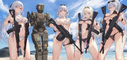 1other 4girls absurdres ak-12_(girls'_frontline) ak-15_(girls'_frontline) alternate_breast_size an-94_(girls'_frontline) aqua_eyes artist_name ass_visible_through_thighs assault_rifle bandeau bangs bare_arms bare_legs bare_shoulders beach bikini black_bikini blonde_hair blue_eyes blush braid breast_squeeze breasts choker cloud cloudy_sky collarbone covered_nipples cyclops_(girls'_frontline) daisy dated defy_(girls'_frontline) dual_wielding eyebrows_visible_through_hair eyewear_on_head flower french_braid front-tie_bikini front-tie_top girls'_frontline grey_hair groin_tendon gun hair_flower hair_ornament hairband halter_top halterneck highres holding holding_gun holding_weapon humanoid_robot kalashnikov_rifle large_breasts linea_alba long_hair looking_at_viewer looking_down machinery marigold multiple_girls navel odd_one_out outdoors parted_lips purple_eyes rifle rpk-16_(girls'_frontline) sawkm short_hair side-tie_bikini silver_hair skindentation sky smile standing string_bikini striped striped_bikini sunglasses swimsuit tally weapon wet white_bikini