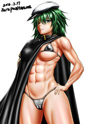 abs bikini black_bikini breasts cameltoe cape covered_nipples dated eyepatch female green_eyes green_hair hand_on_hip hat highres kantai_collection kiso_(kantai_collection) large_breasts long_hair micro_bikini muscular muscular_female navel sailor_hat saru_panitumu short_hair signature skindentation solo swimsuit thighs underboob