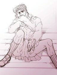 1boy biting_clothes blush blushing bulge crossdressing erection erection_under_clothes grabbing_bulge jojo's_bizarre_adventure male_focus male_only noriaki_kakyoin school_uniform shirt shirt_lift shirt_up solo solo_focus solo_male spread_legs stardust_crusaders