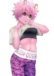 1girls black_sclera camouflage mina_ashido my_hero_academia pink_hair pink_skin post_workout shirt_lift solo solo_female sweat sweatdrop sweating sweaty sweaty_abs sweaty_arms sweaty_body sweaty_face teenage_girl teenager white_background workout workout_clothes xiao_lin_gt yellow_eyes young