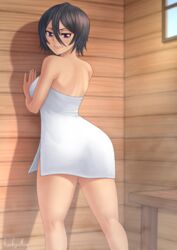 1girls ass black_hair bleach breasts color colored female female_focus female_only kuchiki_rukia looking_at_viewer looking_back looking_down presenting presenting_hindquarters rocky-ace sauna short_hair smile solo solo_female solo_focus standing thick_thighs towel towel_only towel_wrap wet