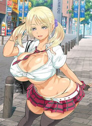 1girls alexis_(rebis) ass_cleavage ass_cleavage_tanline belt big_breasts blonde_hair butt_crack female female_only gloves gyaru huge_breasts looking_at_viewer necktie open_mouth rebis skirt solo tagme tan tan_lines thick_thighs thighhighs thighs