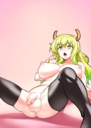 1futa areolae balls big_breasts blonde_hair breasts dickgirl dragon_girl flaccid futa_only futanari green_hair heterochromia horn human intersex light-skinned_futanari light_skin long_hair madkaiser miss_kobayashi's_dragon_maid nipples nude open_mouth pale_skin penis quetzalcoatl_(dragon_maid) solo spread_legs thick_thighs thighhighs two_tone_hair