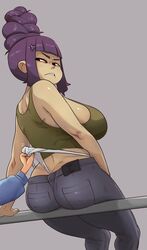 angry ass ass_cleavage bangs beehive_hairdo big_ass big_breasts blunt_bangs breasts butt_crack command_grab curvy female huge_breasts jeans looking_at_viewer looking_back nuclearwasabi offscreen_character original panties panties_showing purple_hair railing sideboob sitting sitting_on_rail smile tagme tan_skin tank_top thick_thighs tomboy turning_head underwear wedgie whale_tail white_panties