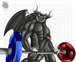 abs anthro balls claws dragaux dragon erection exercise genitals grey_body grey_scales hi_res horn male muscular nintendo pecs penis reptile ring_fit_adventure scales scalie solo teeth thescorchingdragon vein video_games weightlifting wings workout