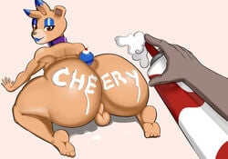 absurd_res anthro ass balls big_ass big_butt cherry cherryfox73 collar dairy_products digital_media_(artwork) disembodied_hand duo femboy food fruit genitals girly hair hi_res huge_ass illie_(cherryfox73) looking_at_viewer makeup male male/male mammal milo_(cherryfox73) nude orange_hair plant purple_collar smile thick_thighs ursid whipped_cream wide_hips