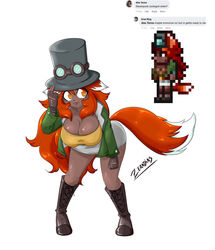 big_breasts cleavage cosplay female female_only fox_ears fox_girl leaning_forward pixel_art red_hair skirt solo steampunk steampunker_(terraria) terraria zeradias zoologist_(terraria)