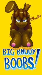 absurd_res anthro black_eyebrows black_eyelashes blue_eyes blue_text breasts brown_body brown_breasts brown_fur brown_hair brown_skin candy chocolate dessert elawaxd eyebrows female food food_creature fur glistening glistening_body glistening_breasts glistening_fur glistening_hair hair hi_res lagomorph leporid mammal nipples notched_ear pink_nipples pink_nose rabbit simple_background text triangle_nose yellow_background