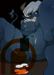 ball_gag blue_skin censored cinnamon6 female horns huge_breasts osamodas patreon_logo pussy solo tail thick_thighs vulva wakfu watermark white_hair