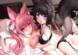 2girls animal_ears ass bed black_bra black_hair black_panties blue_eyes blush bra breasts bright_pupils cowgirl_position female fox_ears fox_tail garter_belt gloves hair_ornament hair_ribbon hairclip large_breasts long_hair lying mouth_hold multiple_girls neck_ribbon on_bed original panties pillow pink_eyes pink_hair ribbon ribbon_in_mouth symbol-only_commentary tail thong twintails underwear white_gloves yuri zerocat