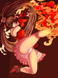 ass boots brown_eyes brown_hair fight fire guilty_gear kicking kondo_rui kuradoberi_jam looking_at_viewer panties skirt tagme thighs upskirt white_panties