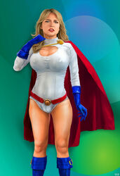 1girls belt big_breasts blonde_hair blue_boots blue_eyes blue_gloves boob_window boots busty cape celebrity cleavage cleavage_cutout clothed clothed_female clothing costume dc dc_comics female female_only footwear fully_clothed gloves large_breasts leotard lipstick long_hair makeup melissa_benoist nipples_visible_through_clothing power_girl red_lips red_lipstick signature simple_background solo standing standing_position supergirl_(cw) superheroine superman_(series) titflaviy