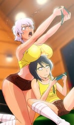 2girls age_difference annoyed bare_legs bare_shoulders barefoot between_breasts big_breasts black_hair bleach braids breast_envy breast_size_difference breasts breasts_on_head busty crop_top curvaceous curvy curvy_figure envy female female_only flat_chest gairon game_console height_difference holding_object implied_yuri jealous kotetsu_isane kuchiki_rukia larger_female long_socks midriff multiple_girls older_female open_mouth petite pettanko playing_videogame sexually_suggestive short_hair short_hair_with_long_locks short_shorts silver_hair sitting size_difference small_breasts smaller_female socks taller_female taller_girl tank_top wide_hips younger_female