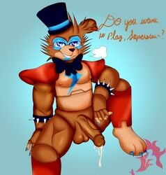 animatronic anthro balls bedroom_eyes big_balls big_muscles big_pecs big_penis blue_background blue_bow_tie blue_eyes blue_fingernails blue_toe_claws blue_top_hat bodily_fluids bow_tie breath brown_balls brown_body brown_fur brown_glans brown_hair brown_penis butt_from_the_front claws clothing colored_fingernails colored_nails cum cum_drip cursive_writing dripping drooling ear_piercing ear_ring english_text erect_nipples erection fangs fingernails five_nights_at_freddy's five_nights_at_freddy's:_security_breach fur genital_fluids genitals glamrock_freddy_(fnaf) glans glistening glistening_genitalia glistening_glans glistening_penis hair hat headgear headwear hi_res huff invisible_chair jewelry jflare205 leaking_cum leaking_penis leaking_precum looking_at_viewer machine male male_only mammal mostly_nude mostly_nude_anthro mostly_nude_male muscular muscular_anthro muscular_male muscular_thighs nails narrowed_eyes nipples pecs penis piercing precum precum_on_penis raised_leg red_earring robot saliva scottgames seductive shin_guards shoulder_pads simple_background sitting smile solo spread_legs spreading text thick_penis thick_thighs toe_claws top_hat ursid ursine vein veiny_penis video_games