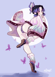 black_hair blush bubble_butt butterfly_hair_ornament demon_slayer ellienart female female_only full_body haori hi_res kimetsu_no_yaiba kochou_shinobu looking_at_viewer looking_back pale-skinned_female pale_skin panties purple_background smile solo standing tiptoes two_tone_hair wink zouri