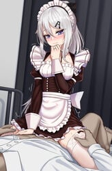 1boy 9a-91_(bullets_cafe)_(girls'_frontline) 9a-91_(girls'_frontline) apron black_dress blue_eyes blush breasts closed_mouth clothed_sex commentary_request covered_penetration cowgirl_position dress eyebrows_visible_through_hair female girls'_frontline hair_between_eyes hair_ornament hairclip heart highres implied_sex indoors jewelry juliet_sleeves long_sleeves lying maid maid_headdress medium_breasts official_alternate_costume on_back puffy_sleeves ring sex_under_dress shirt silver_hair smile solo_focus spoken_heart straddling straight thighhighs waist_apron wedding_band white_apron white_legwear white_shirt yakob_labo