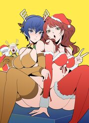 arm_sleeves bells blush bra breasts brown_hair collar igusaharu kanji_tatsumi kujikawa_rise legwear narukami_yu persona persona_4 reindeer reindeer_antlers reindeer_costume santa_costume santa_hat shirogane_naoto tatsumi_kanji thighhighs thighs