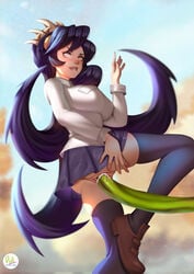 1girls big_ass big_breasts biting_own_lip black_hair blush cum cum_in_pussy didi_esmeralda filia_(skullgirls) long_hair red_eyes rolling_eyes samson_(skullgirls) school_uniform schoolgirl skullgirls smile solo solo_female tentacle tentacle_sex thighhighs vaginal_penetration white_skin